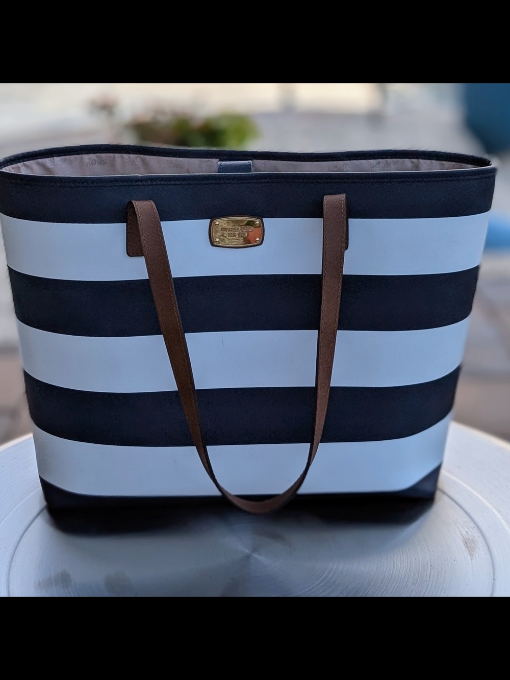 Michael Kors Navy and Brown Stripe Leather Tote